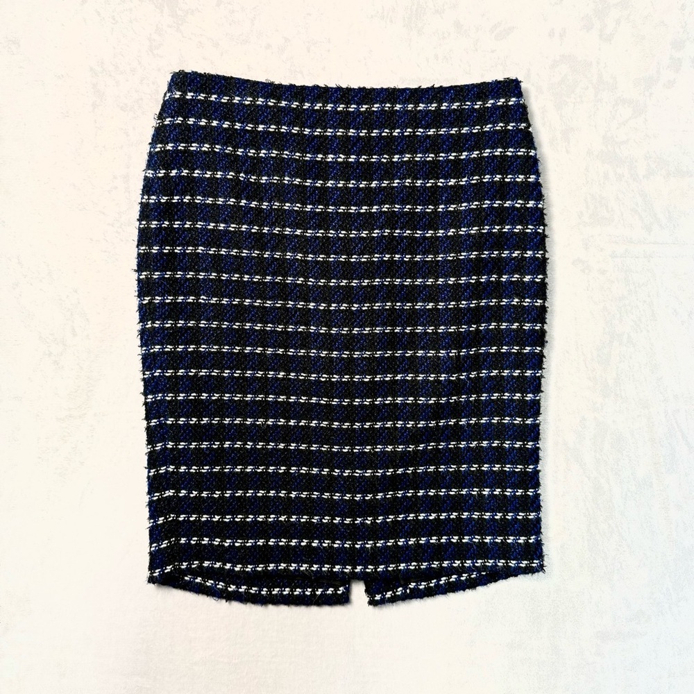 Ann Taylor Factory Blue Black Tweed Pencil Skirt Size 6 Lined Back Slit